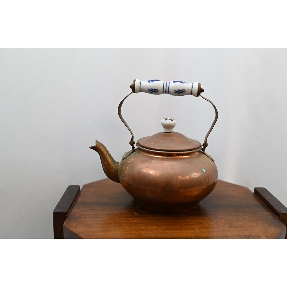 Vintage Copper Tea Pot with Blue and White Ceramic Handles Farmhouse Kettle